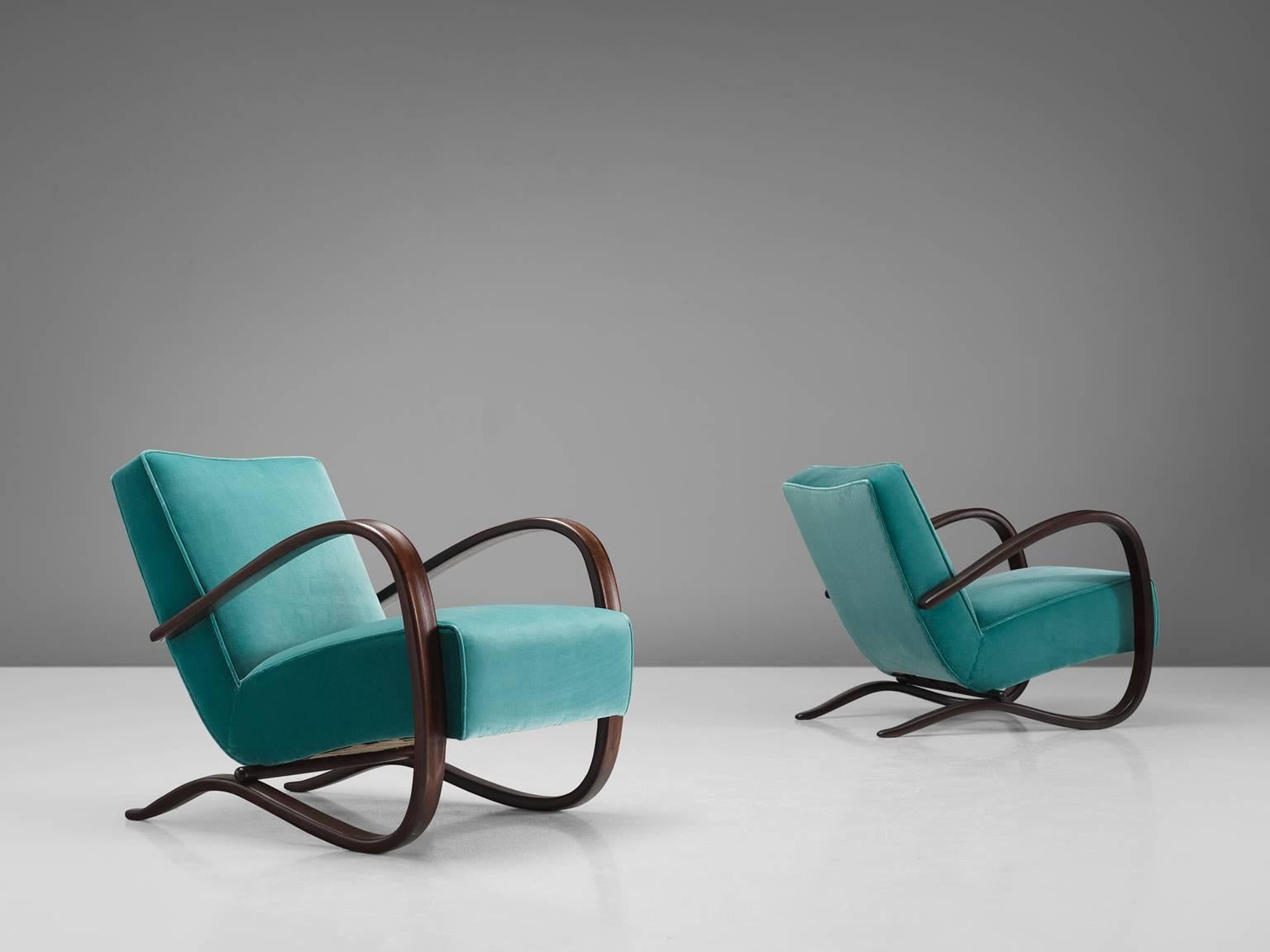 Art Deco Jindrich Halabala Lounge Chairs in Reupholstered in Turquoise Velvet