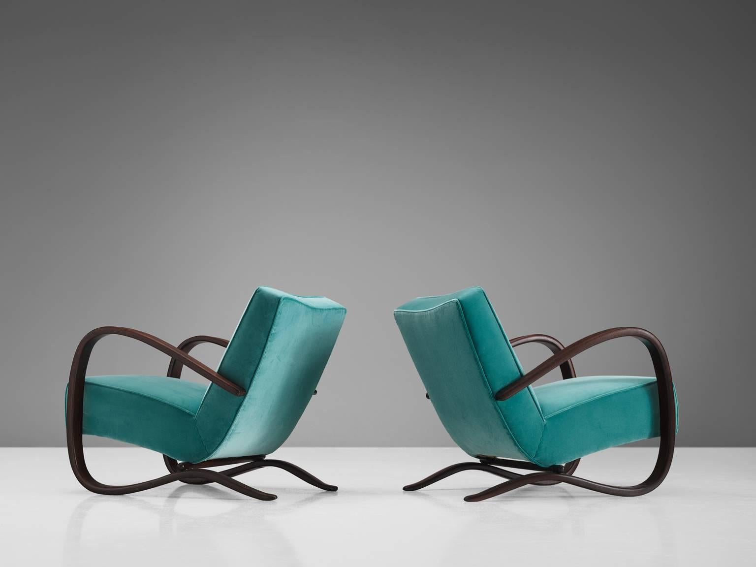 Czech Jindrich Halabala Lounge Chairs in Reupholstered in Turquoise Velvet