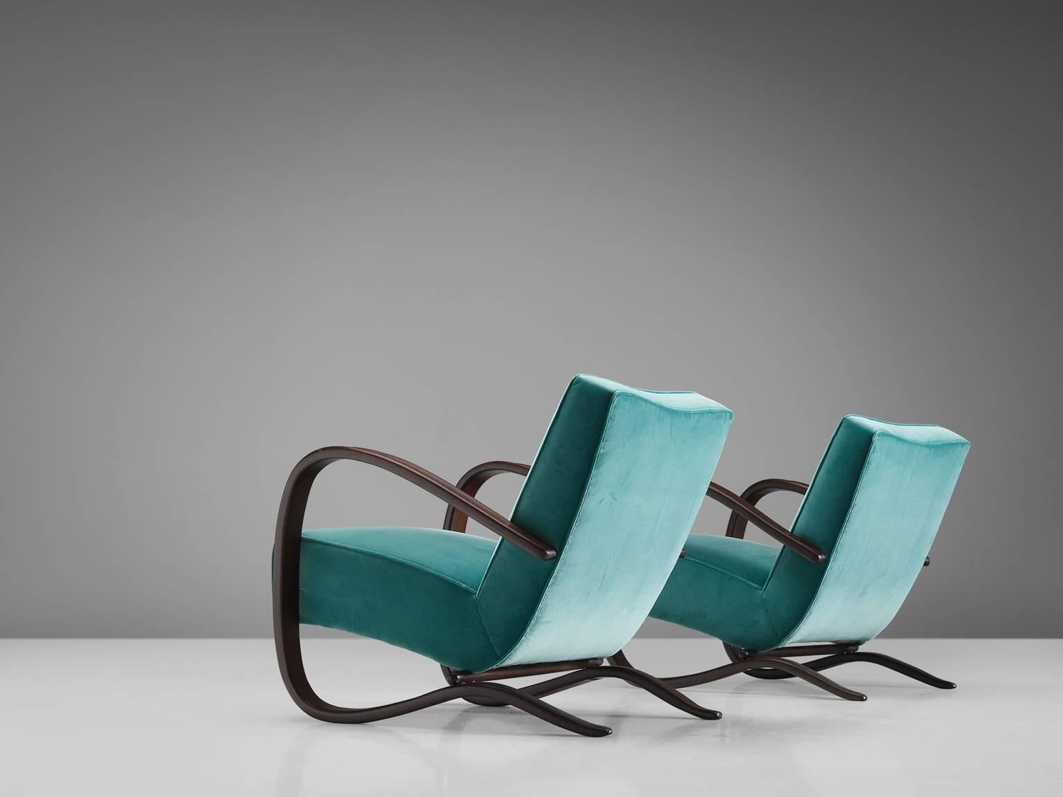 Jindrich Halabala Lounge Chairs in Reupholstered in Turquoise Velvet In Excellent Condition In Waalwijk, NL