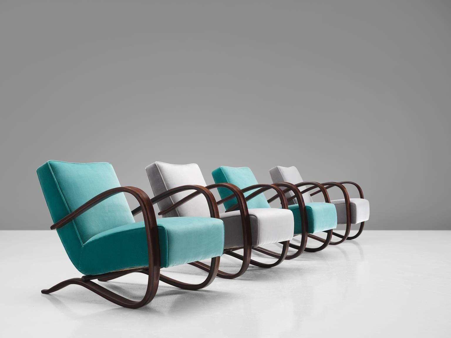 Mid-20th Century Jindrich Halabala Lounge Chairs in Reupholstered in Turquoise Velvet