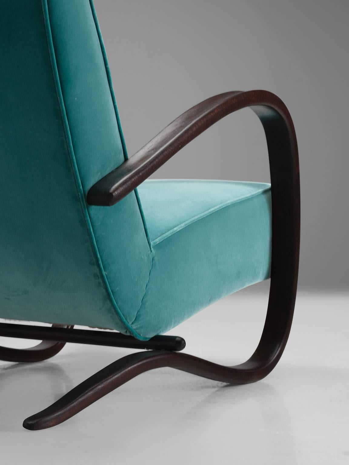 Jindrich Halabala Lounge Chairs in Reupholstered in Turquoise Velvet 2