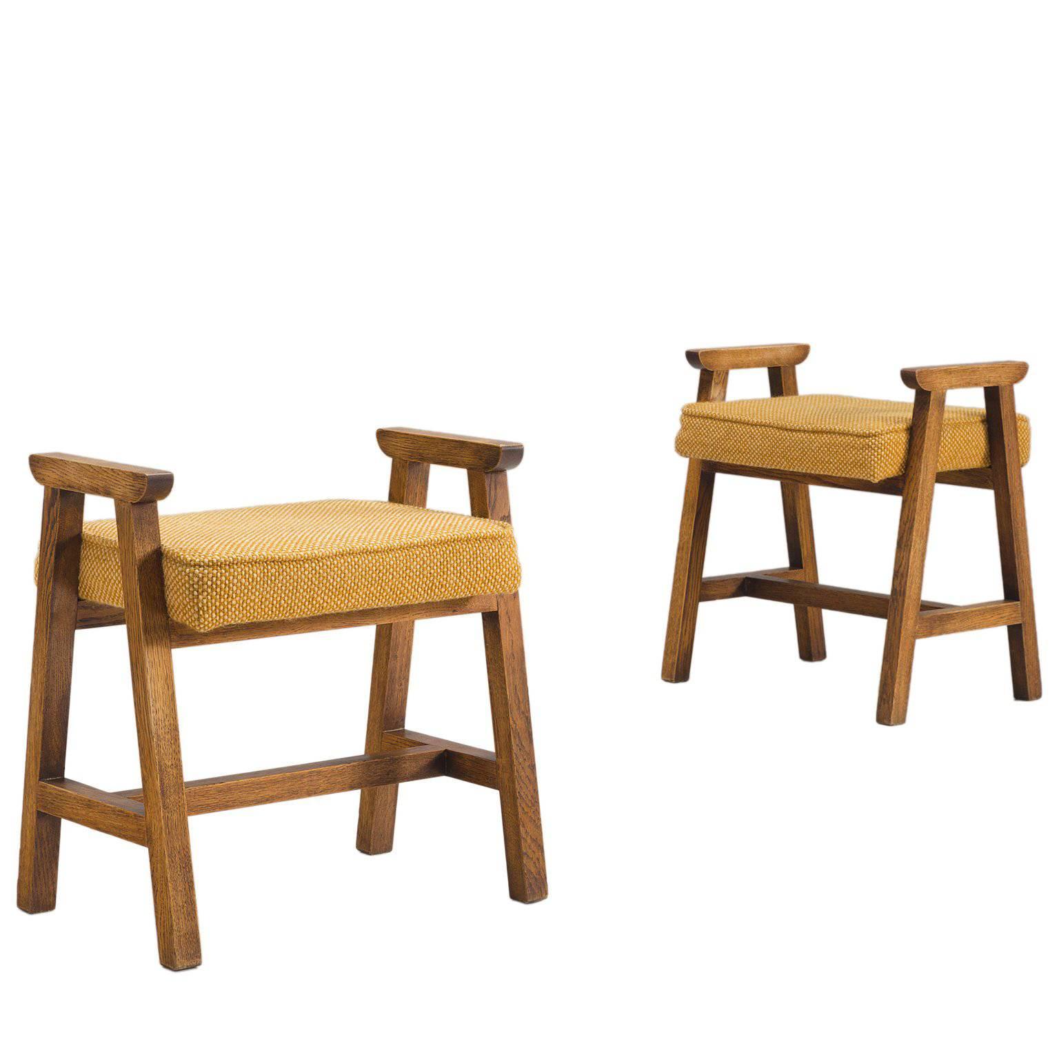 Guillerme & Chambron Set of Two Oak and Fabric Stools
