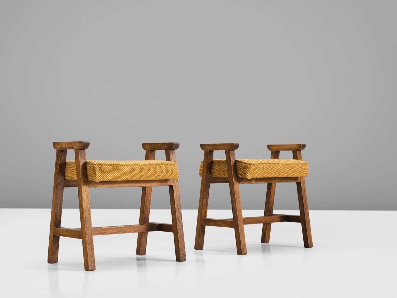 Mid-Century Modern Guillerme & Chambron Set of Two Oak and Fabric Stools