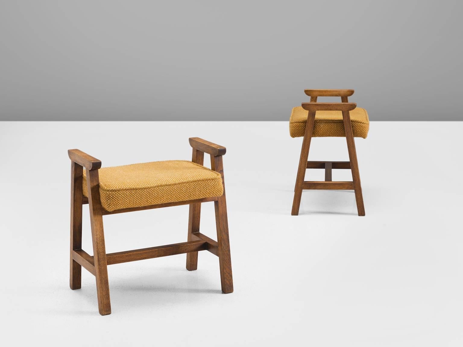 French Guillerme & Chambron Set of Two Oak and Fabric Stools