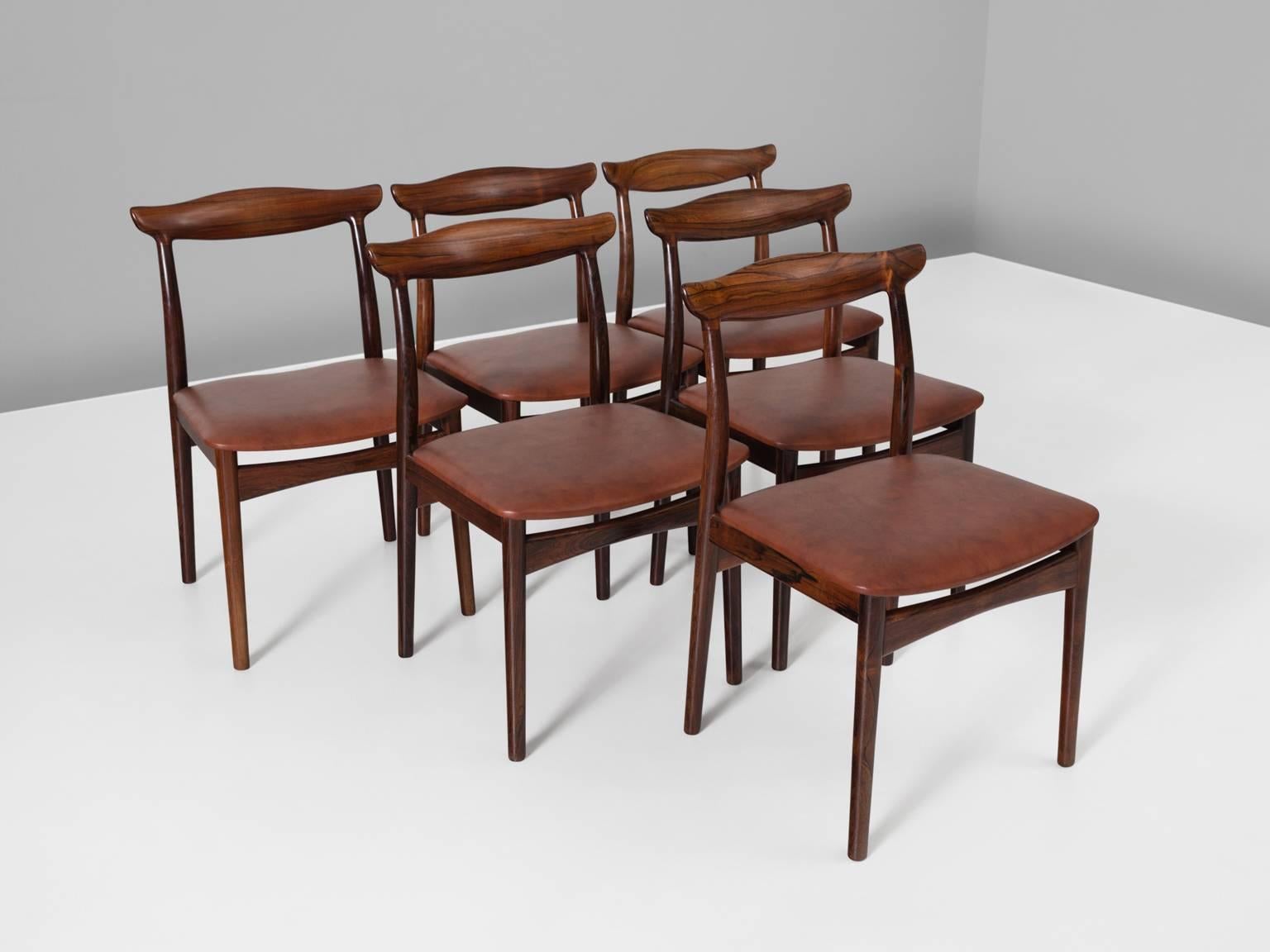 Mid-Century Modern Erik Wørts Set of Six Dining Room Chairs in Rosewood and New Brown Leather