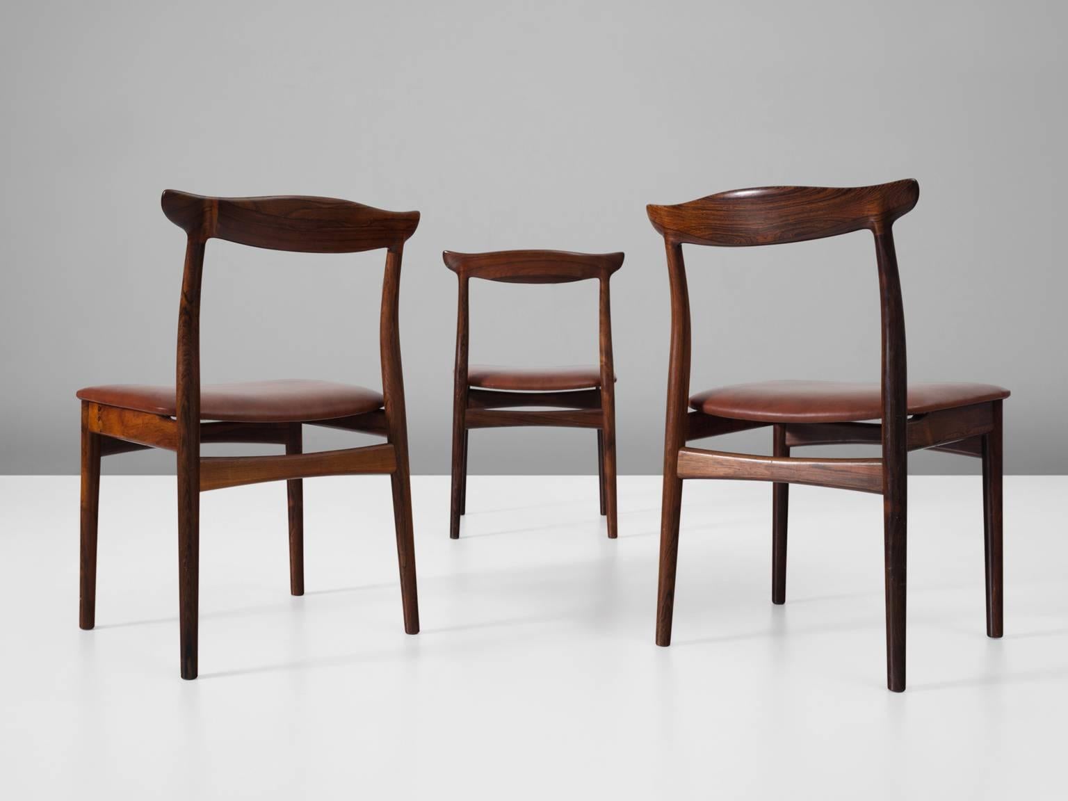 Danish Erik Wørts Set of Six Dining Room Chairs in Rosewood and New Brown Leather