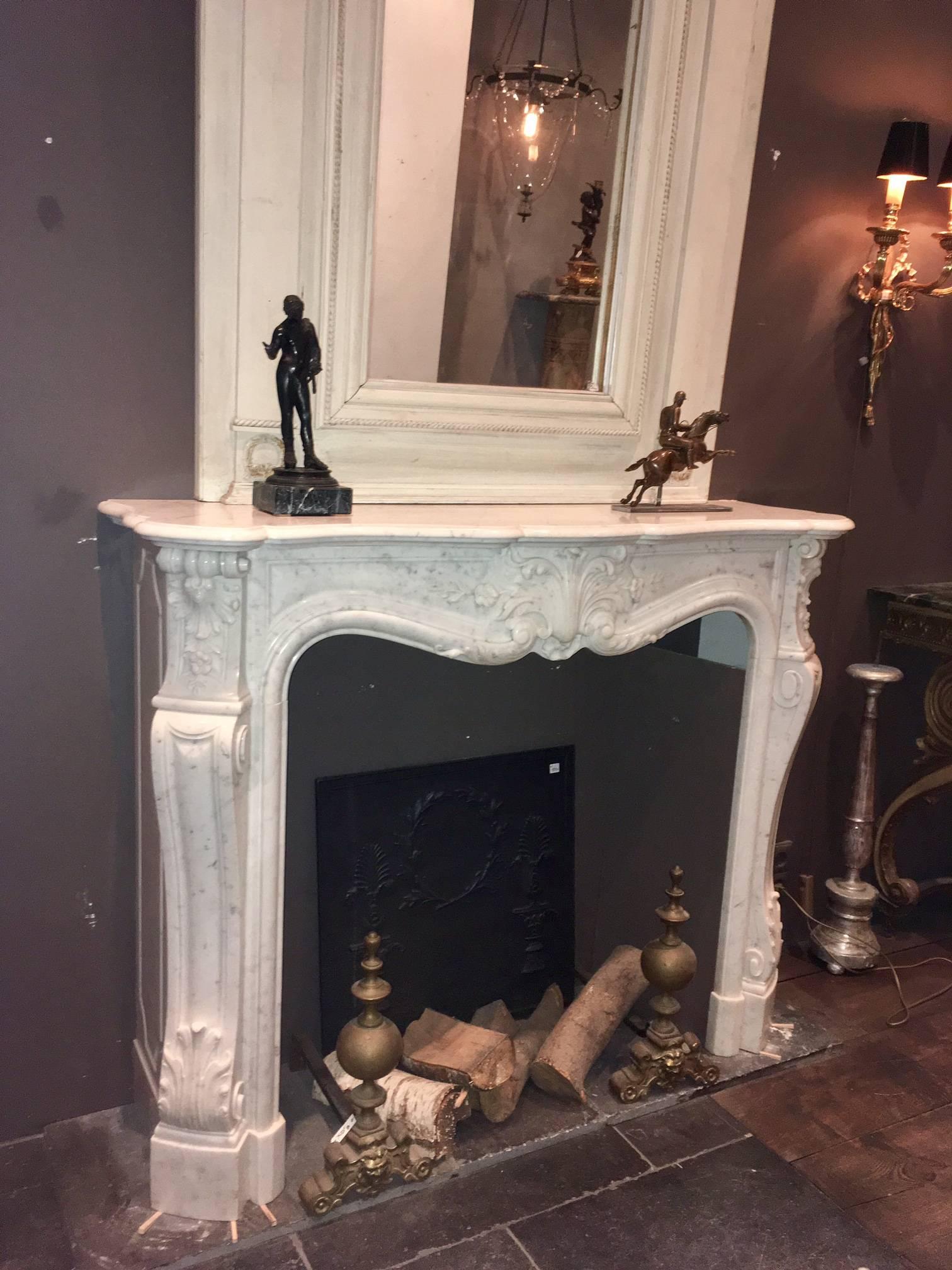 Louis XV Richly Carved Carrara Marble 19th Century French Fireplace