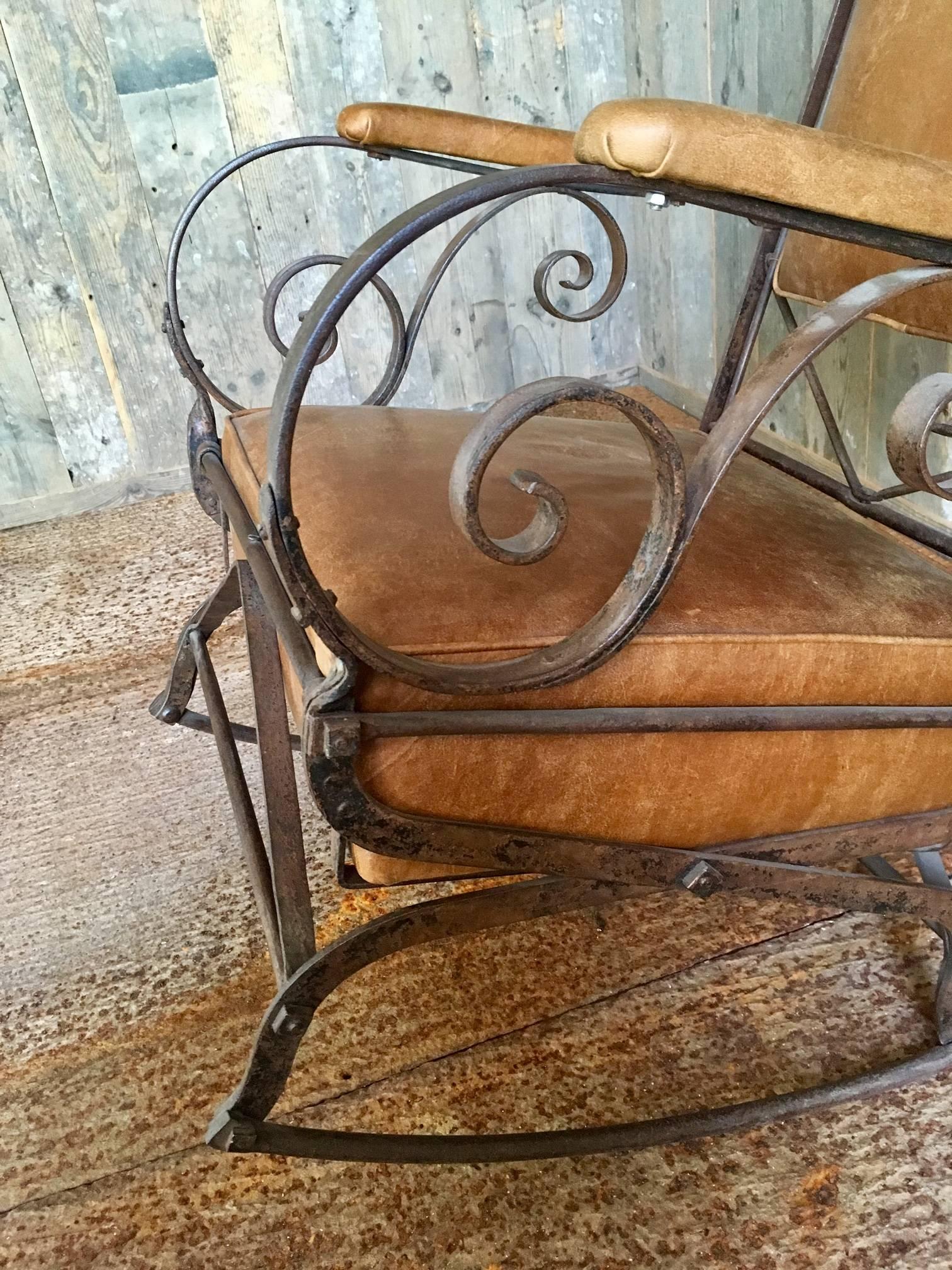 French 19th Century Wrought Iron and Leather Rocking Chair