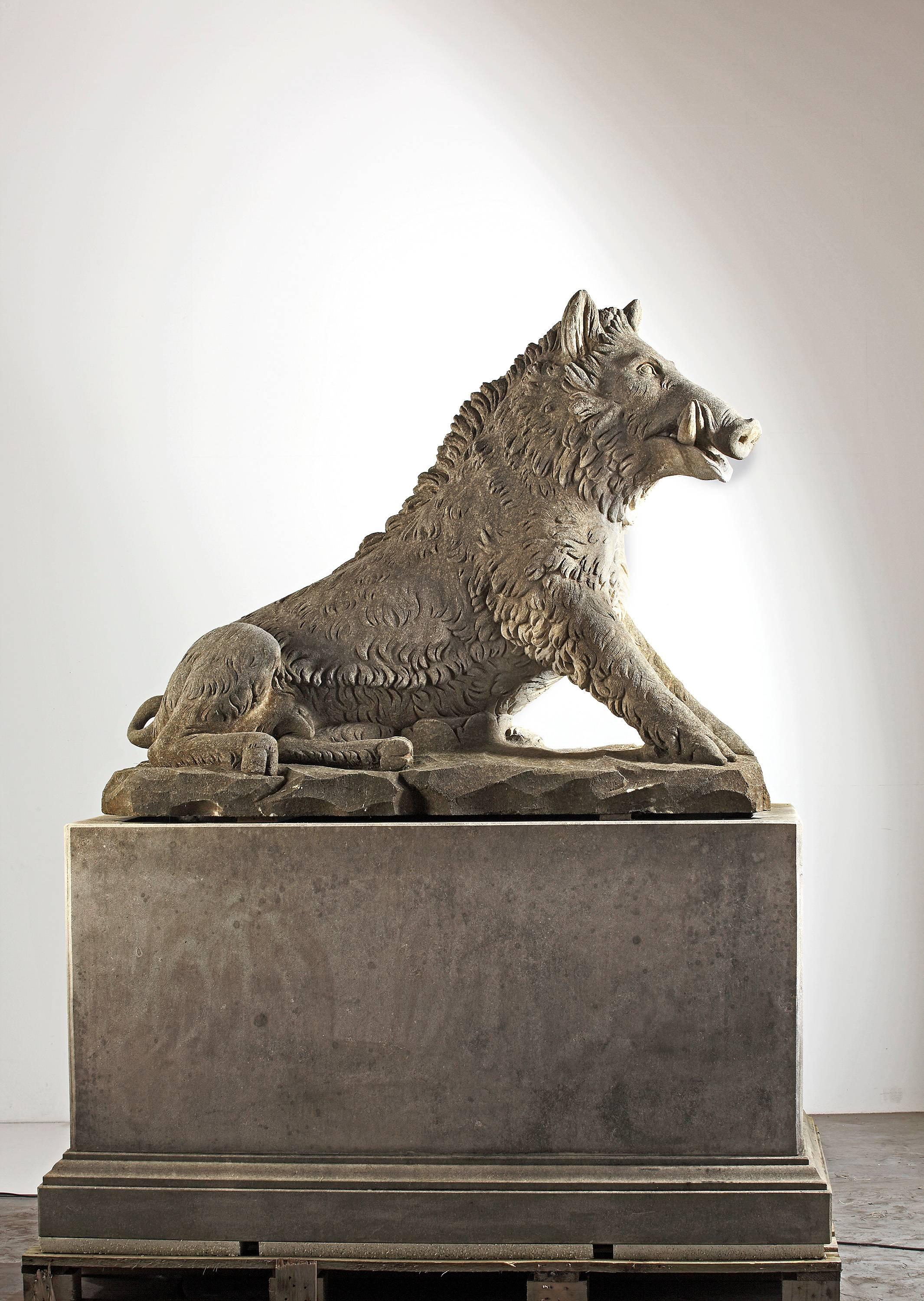 Portrayed seated on a rectangular rockwork base.

The Calydonian Boar is one of the monsters of the Greek mythology. The boar was sent by Artemis to Ravage the region of Calydon in Aetolia. It met its end in the Calydonian hunt, in which all the