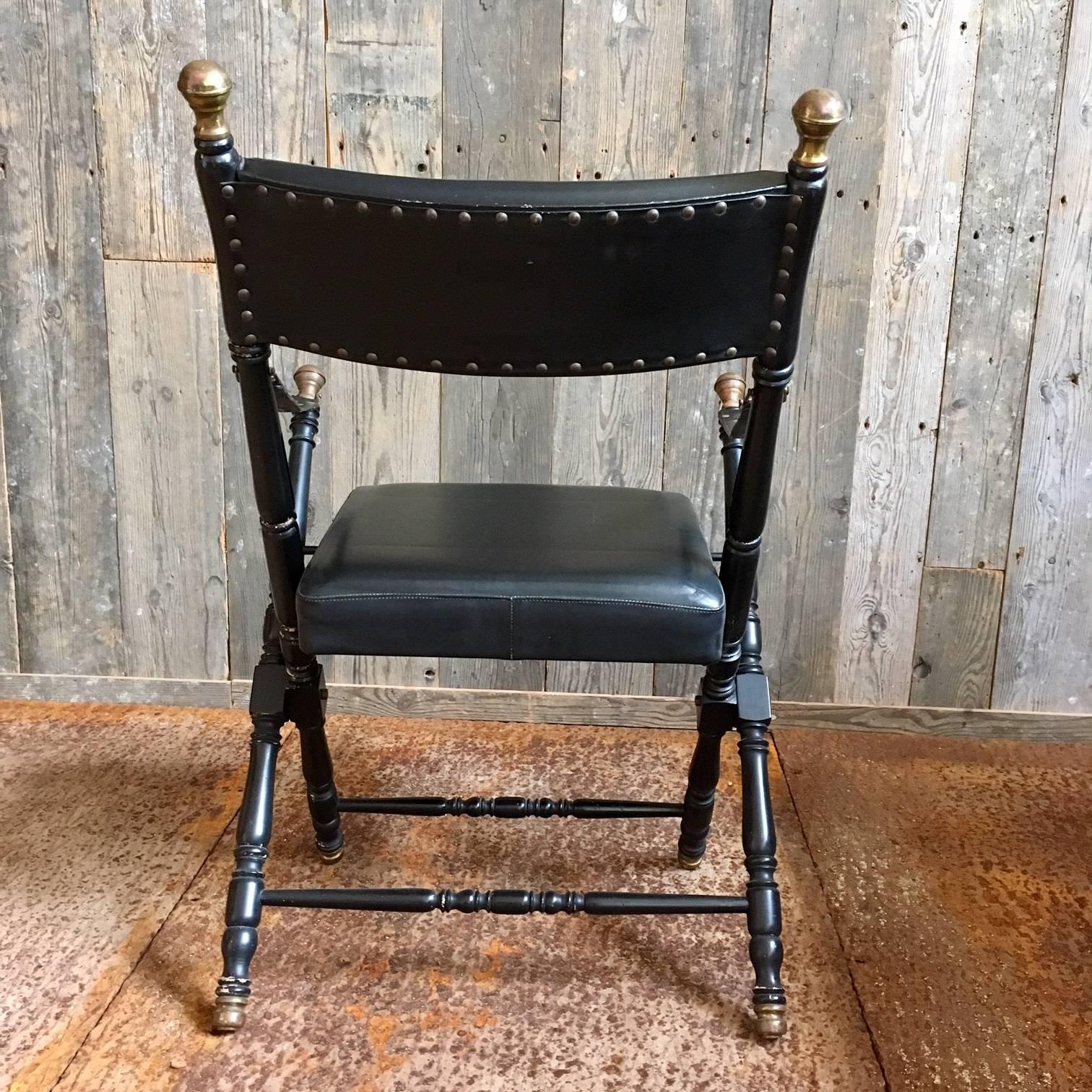 Two Black Leather Campaign Chairs in the Style of Maison Jansen In Good Condition In Baambrugge, NL
