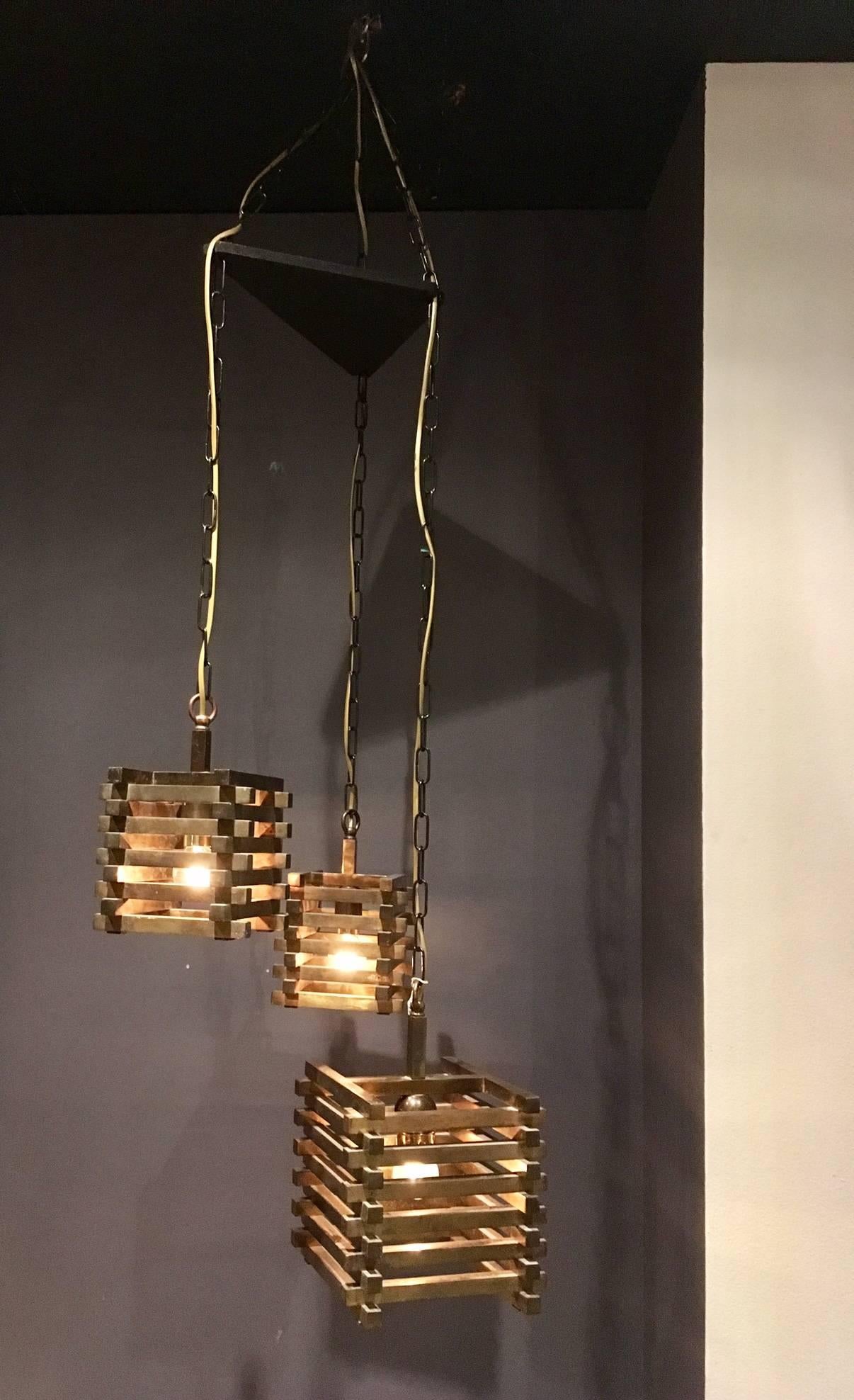 Modern Brass Cube Pendants from the 1970s attributed to Romeo Rega For Sale