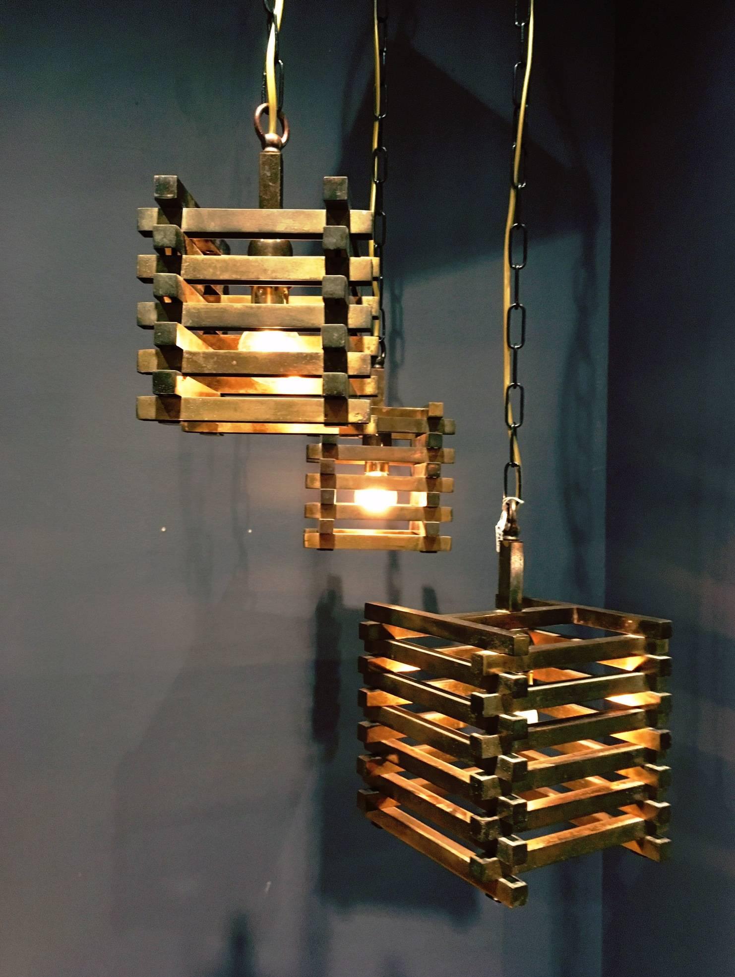European Brass Cube Pendants from the 1970s attributed to Romeo Rega For Sale