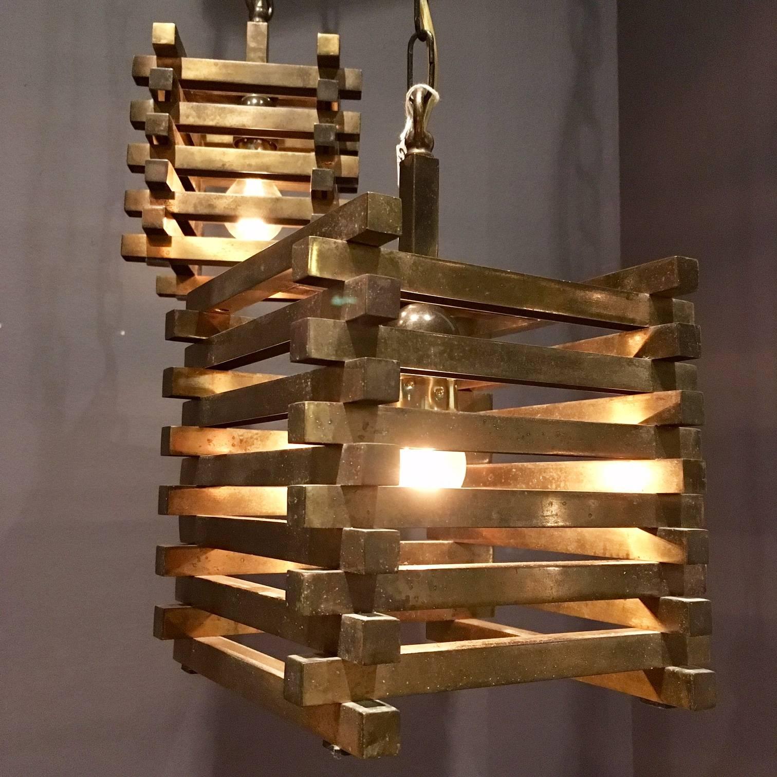 Brass Cube Pendants from the 1970s attributed to Romeo Rega In Good Condition For Sale In Baambrugge, NL