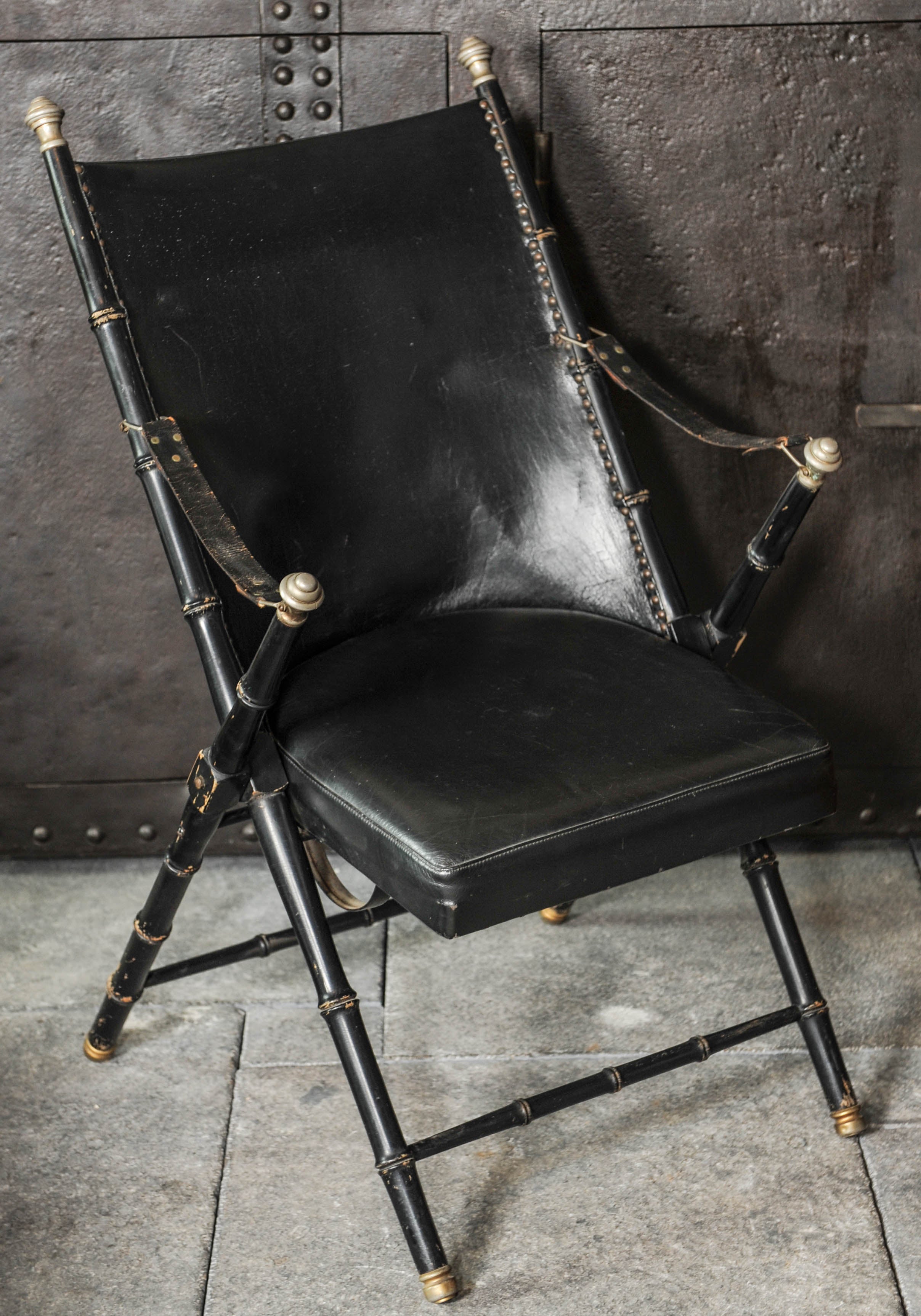 Maison Jansen Blackened Wood and Leather Campaign Chair
