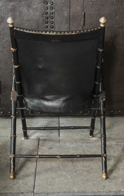 Maison Jansen Blackened Wood and Leather Campaign Chair In Good Condition In Baambrugge, NL