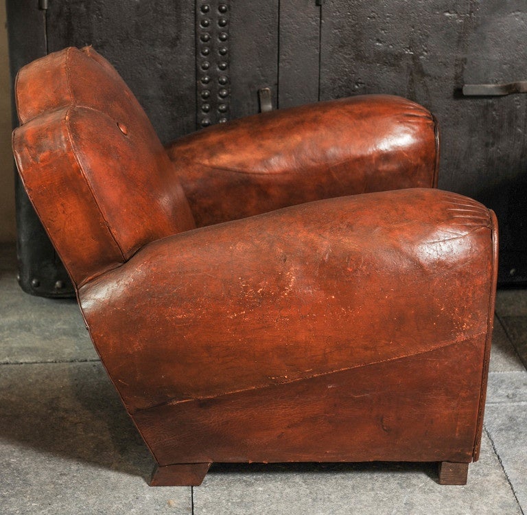 Pair of Early 20th Century French Art Deco Cognac Color Leather Club Chairs 7