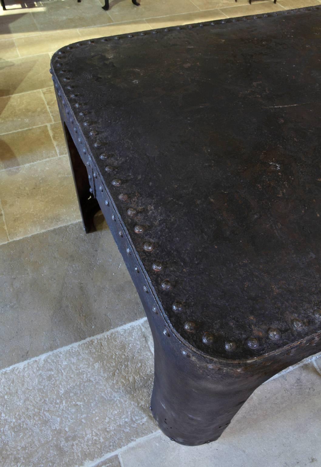 French Industrial Polished Weathered Riveted Steel Table, Machine Age 1
