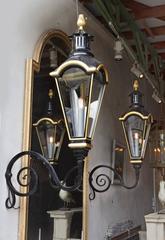 Pair of Dutch Copper Wall Lanterns of Monumental Size with Wrought Iron Arms