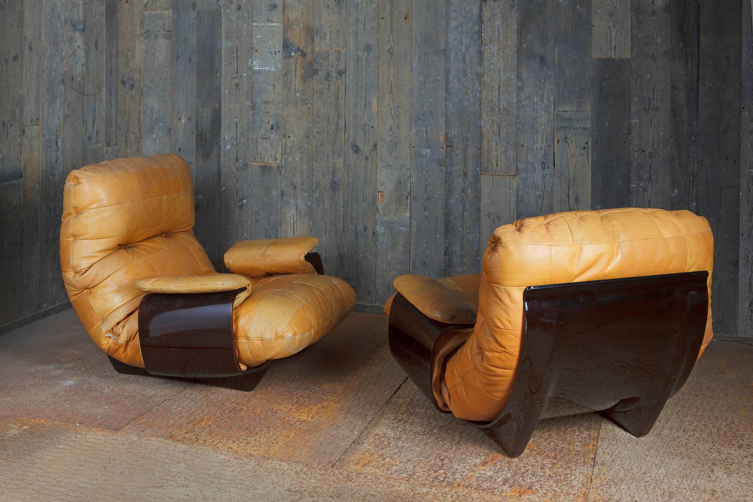 French Pair of Brown Leather Upholstered Marsala Club Chairs by Marcel Ducaroy