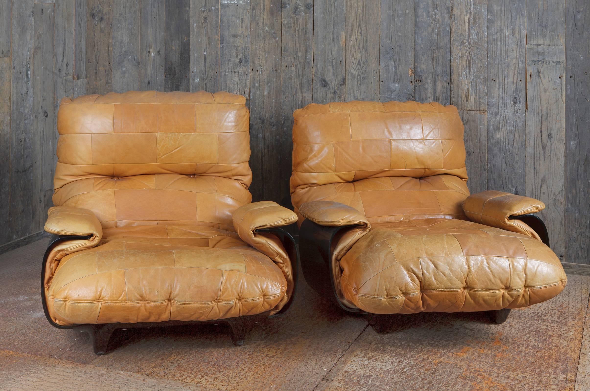 Pair of Brown Leather Upholstered Marsala Club Chairs by Marcel Ducaroy In Good Condition In Baambrugge, NL