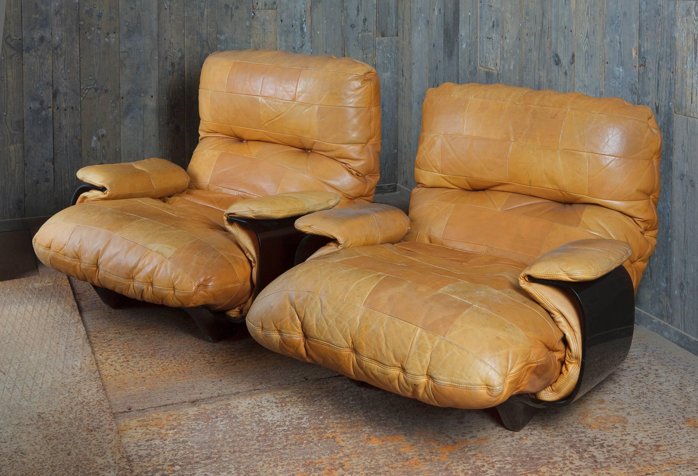 Late 20th Century Pair of Brown Leather Upholstered Marsala Club Chairs by Marcel Ducaroy
