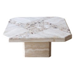 Tavolino vintage in travertino con piano in terrazzo intarsiato, anni '70