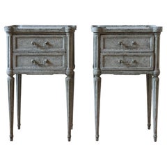 Pair of Antique French Patinated Wooden Bedside Tables with Marble Tops, 19th Ce