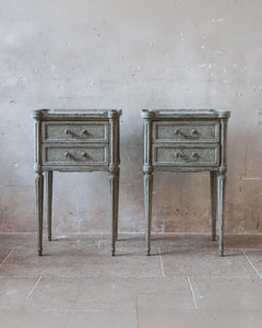 Pair of Antique French Patinated Wooden Bedside Tables with Marble Tops, 19th Ce