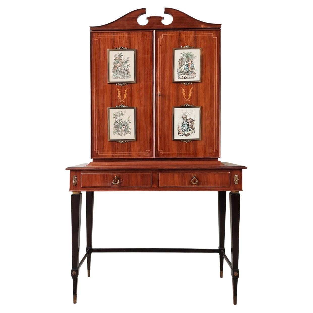 1960s Italian Designer Drinks Cabinet, Inlaid and Decorated with Etchings For Sale