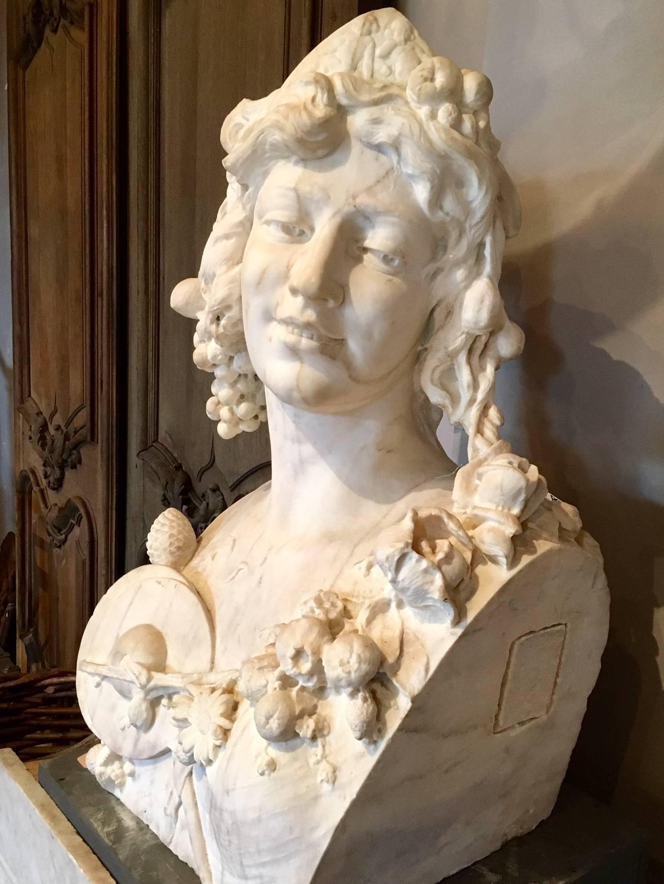 French Late 19th Century White Marble Bust of a Bacchante 1