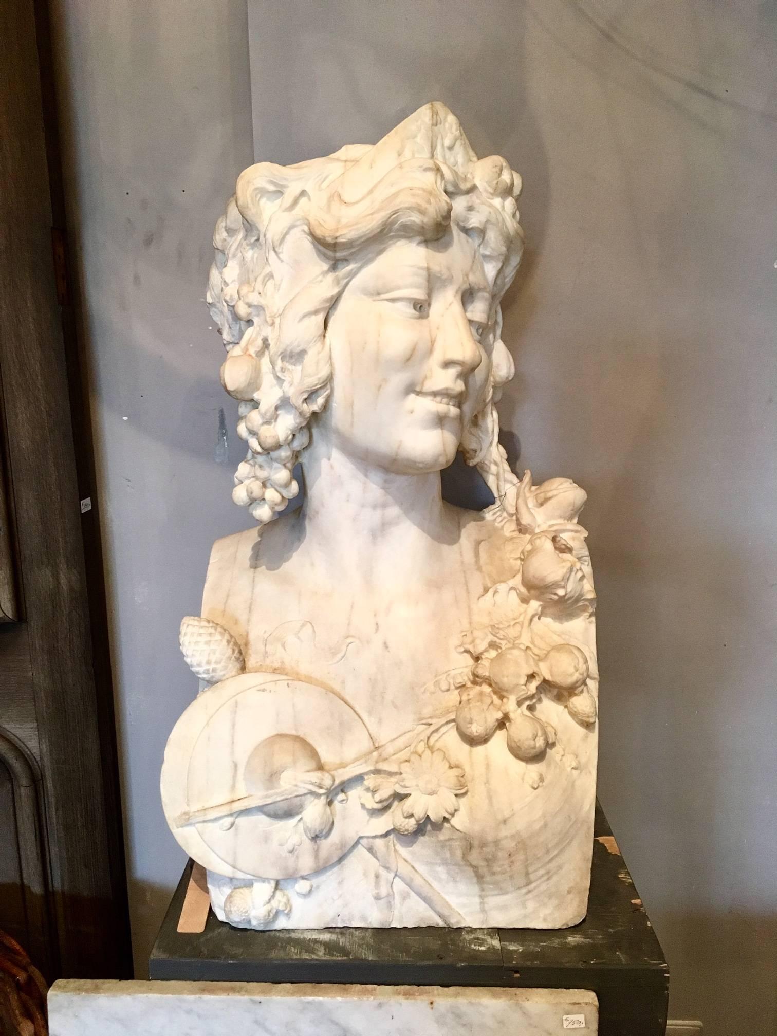 French Late 19th Century White Marble Bust of a Bacchante In Good Condition In Baambrugge, NL