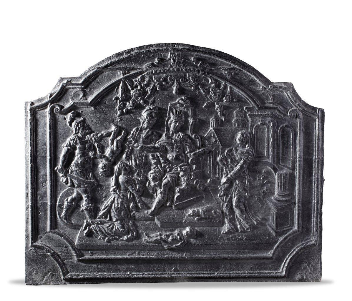 Plaque de cheminée en fonte française du milieu du XVIIe siècle. La représentation biblique est située dans un cadre architectural. 

Une plaque de cheminée protège le mur contre la lande. Il capte également la chaleur et la renvoie dans la
