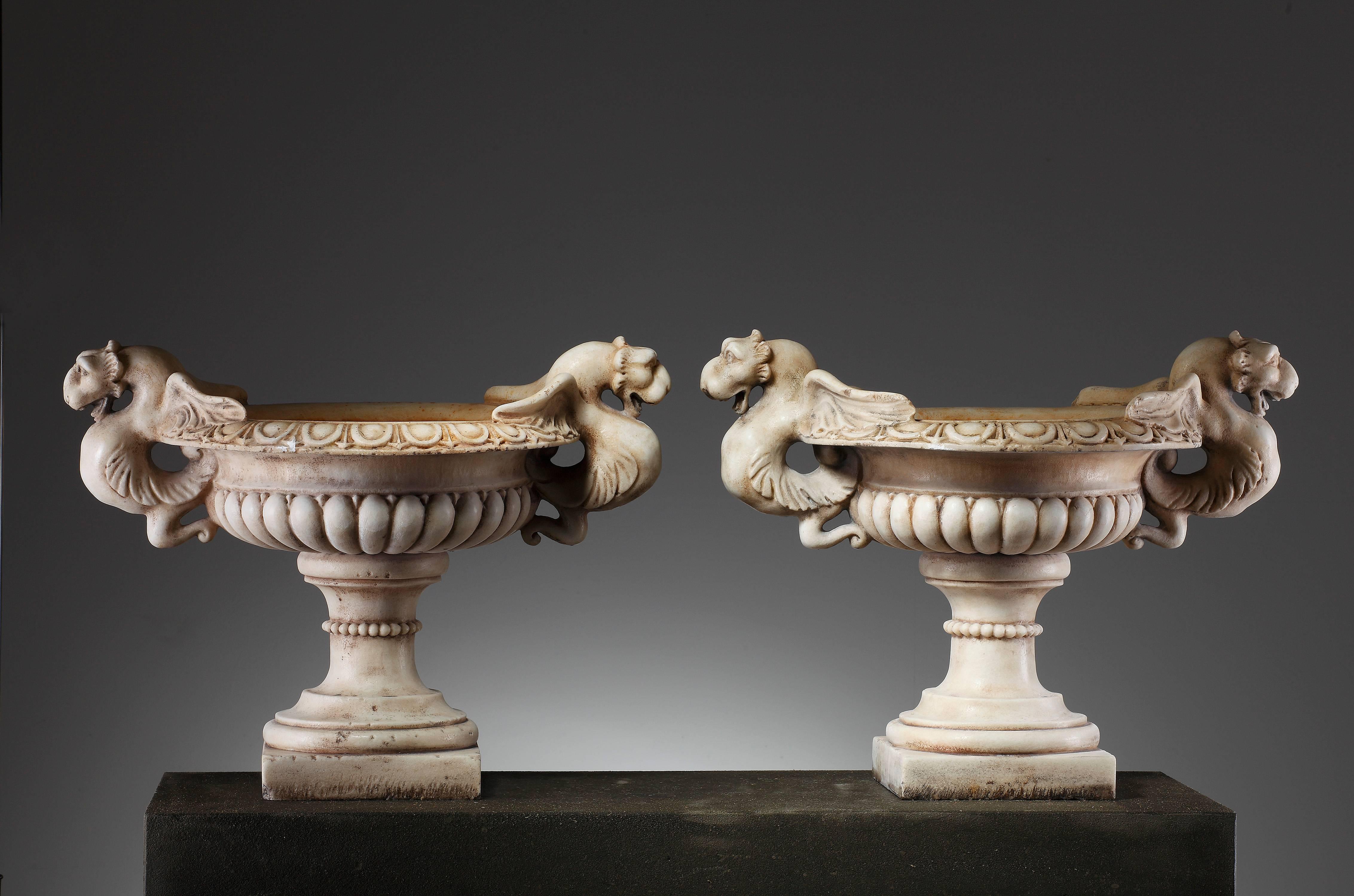 Neoclassical Pair of Continental Sculpted White Marble Garden Urns, 20th Century