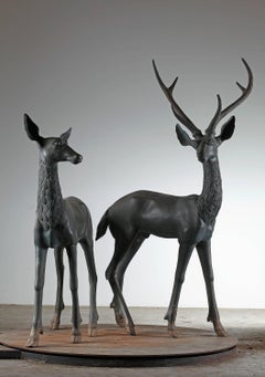 Pair of Bronze Sculptures of a Stag and a Doe