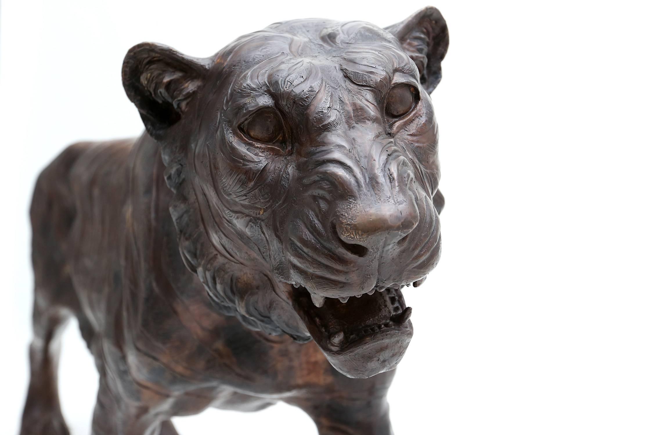 French Lifesize Bronze Tiger Sculpture hollywood regency