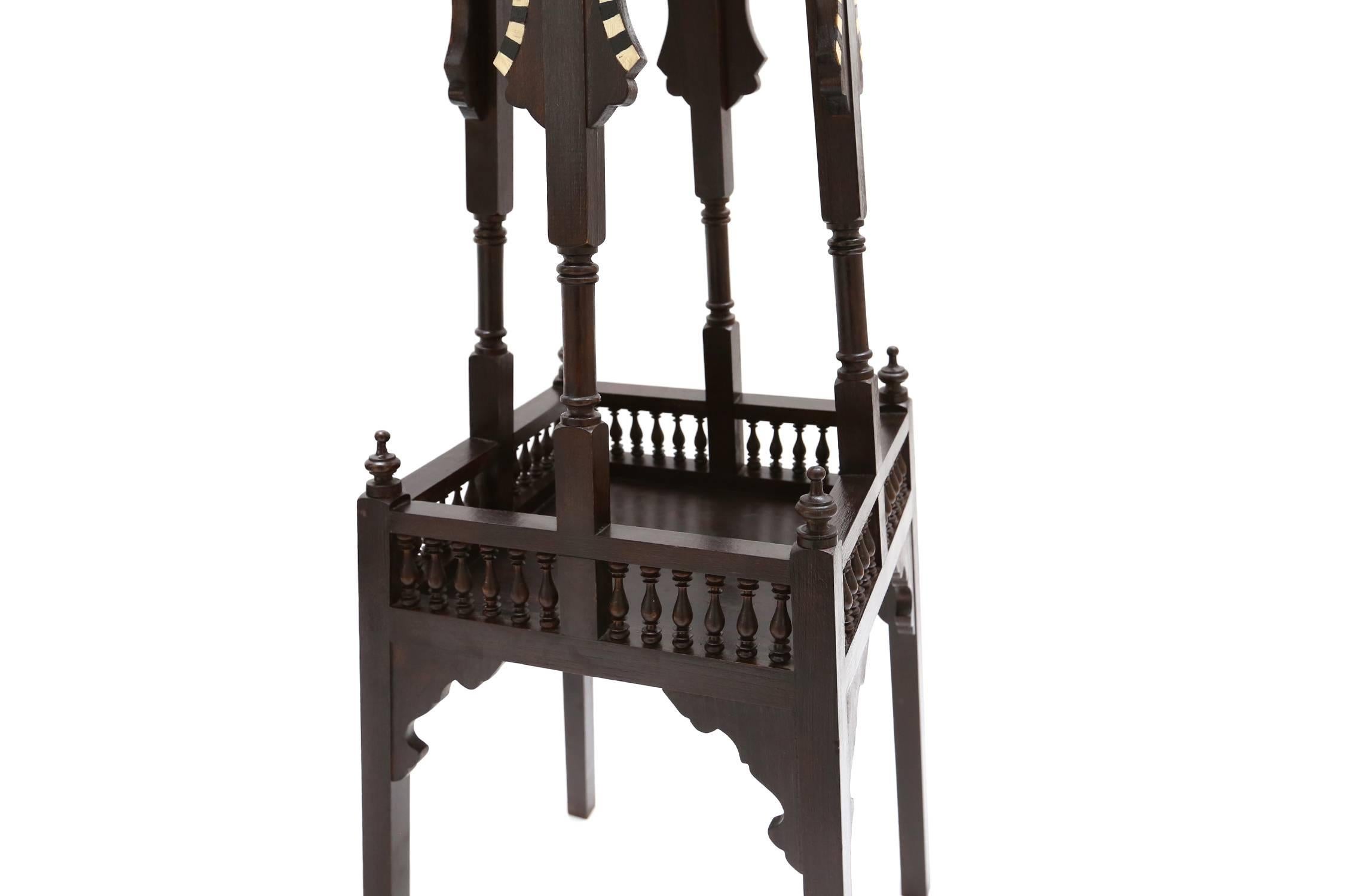 Pair of antique pedestals,
in the manner of Carlo Bugatti, circa 1880.
Bone inlay different types of wood.
Measures: H 113 cm, W 38 cm, D 38 cm.