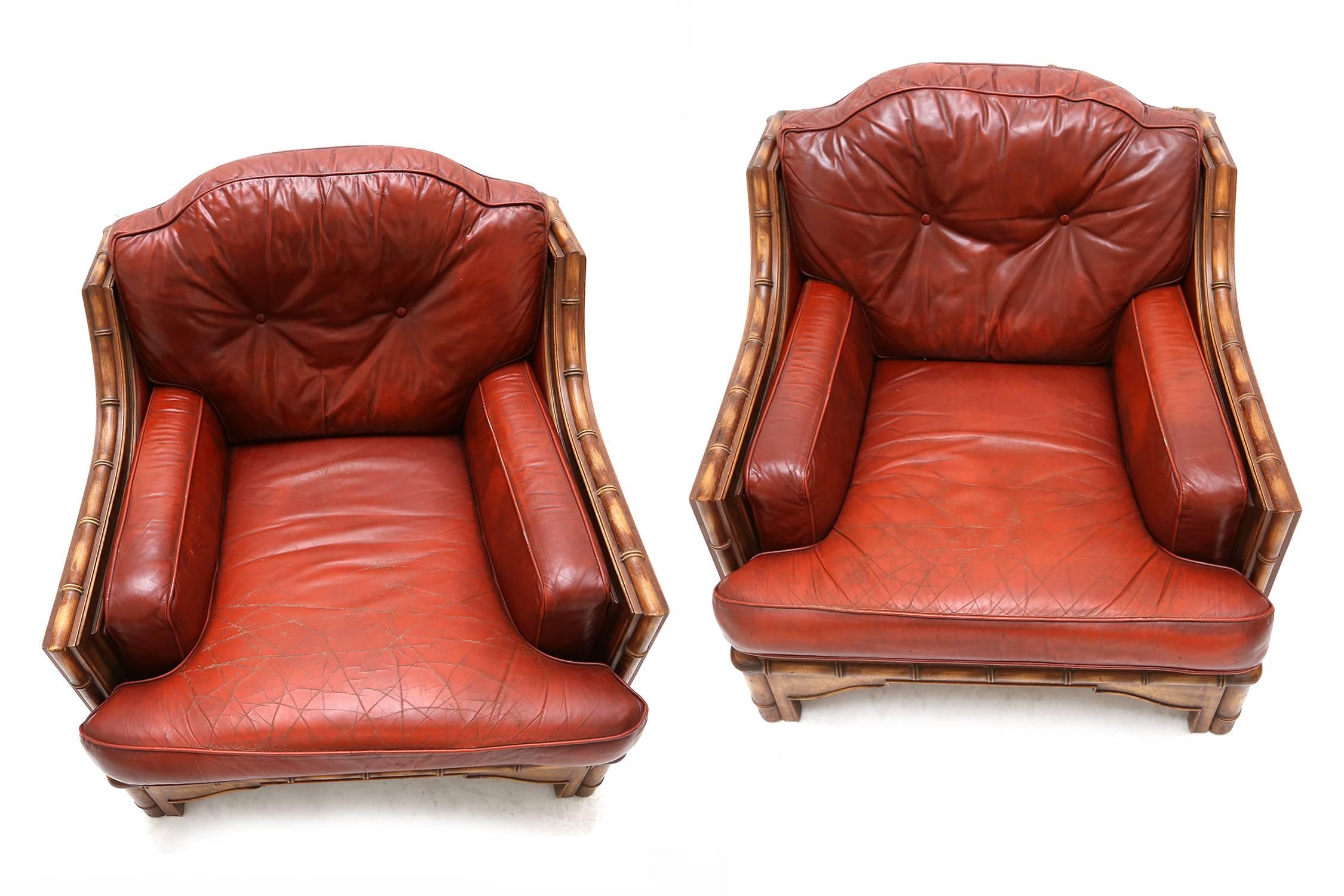 Asian Pair of Red Leather Club Chairs