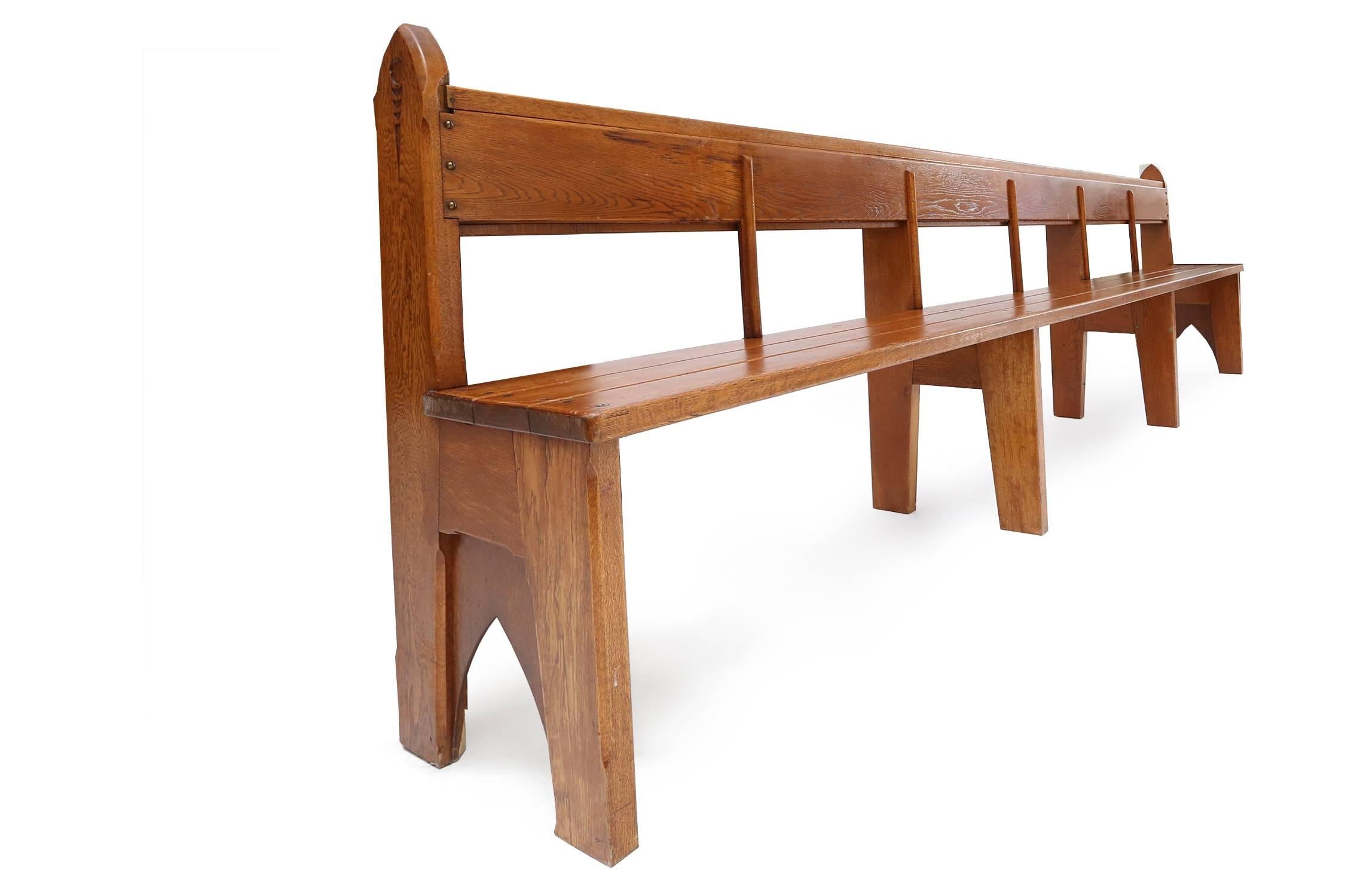Amsterdam school Art Deco style benches N°I
solid oak.
Netherlands, 1920s.
Measures: L 310 cm H 96 cm D 46 cm.
 