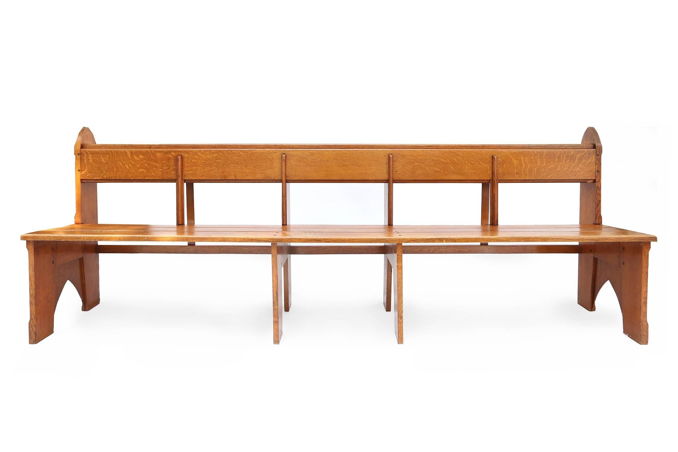 Three Amsterdam school style oak benches,
solid oak,
Netherlands, 1920s.
Dimension: L 310 cm, H 96 cm, D 46 cm,
L 256 cm, H 92 cm, D 46 cm,
L 310 cm, H 96 cm, D 46 cm.