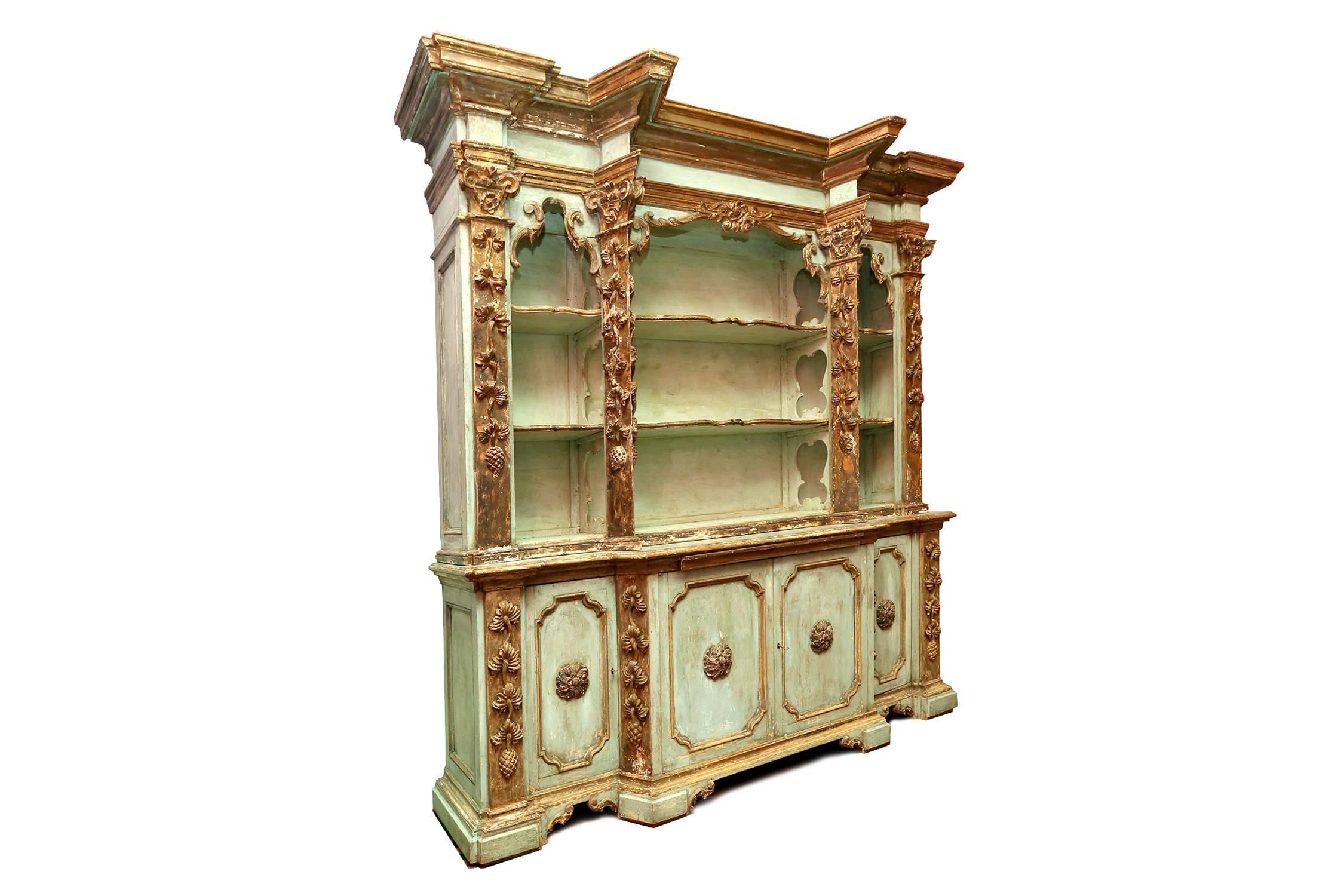 Antique amazing Baroque taste cupboard,
Italy, circa 1800.
Original paint and gilt.
Measures: W: 240 cm, H: 220° cm, D: 45 cm.
