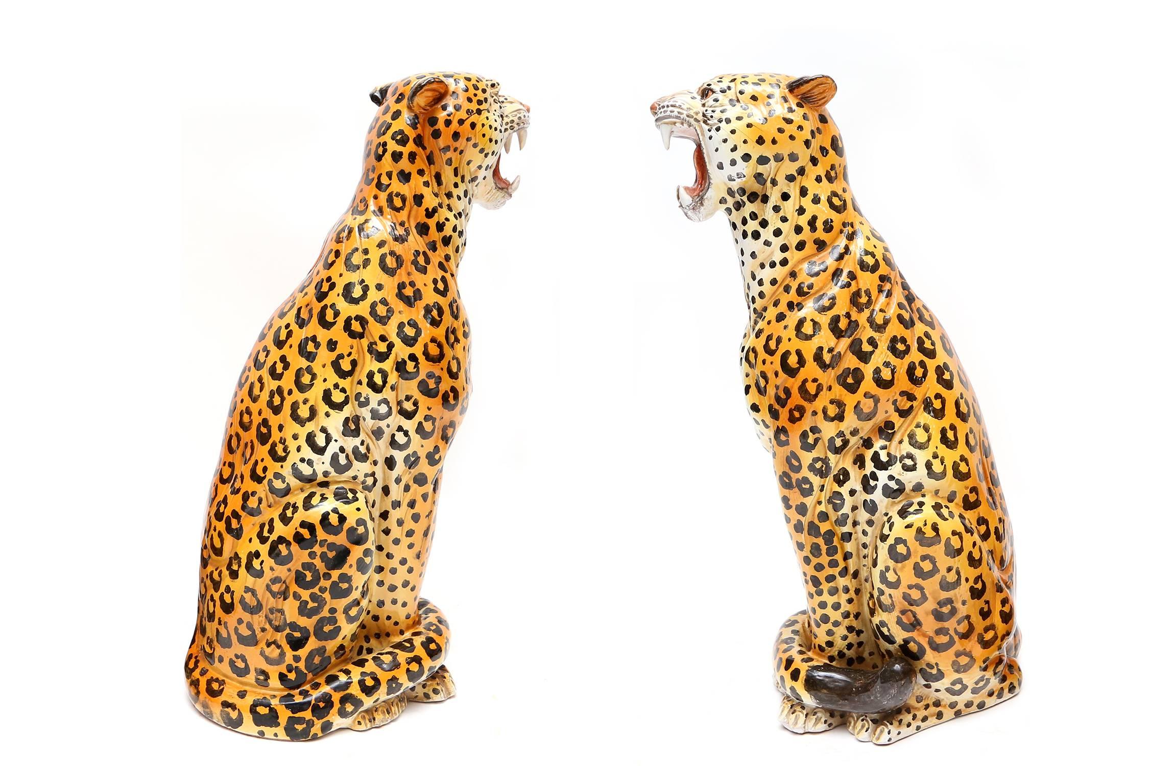 Pair of hand-painted polychrome ceramic leopard sculptures.
They differ slightly from each other.
Perfect condition,
Italy, circa 1950.
Measures: H 85 cm, D 40 cm, W 32 cm x 2.
