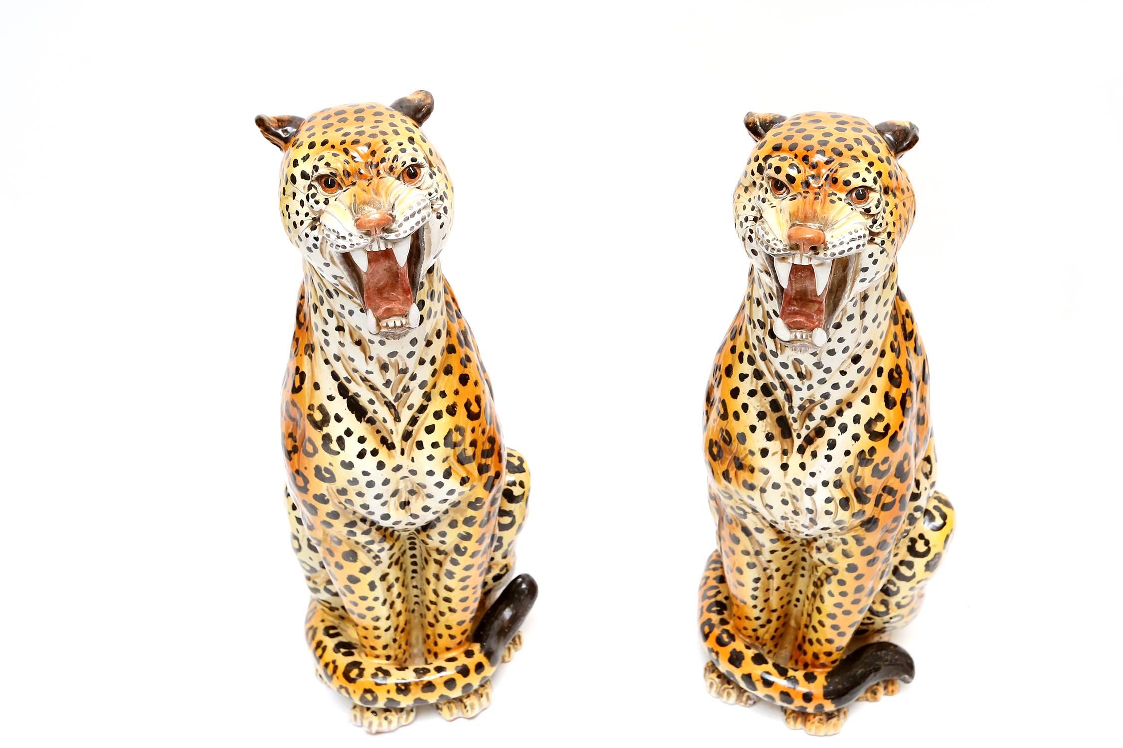 European Pair of Ceramic Leopard Sculptures