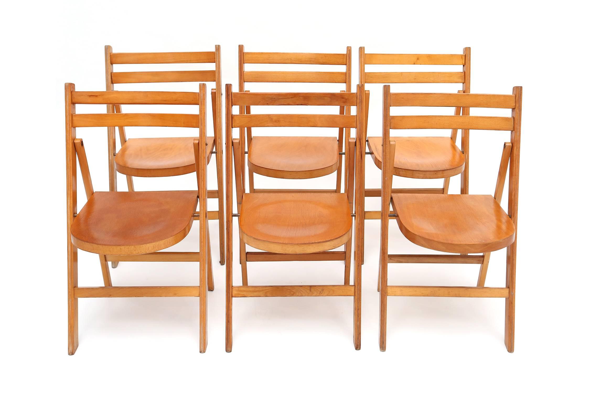 Mid-20th Century Mid-century modern vintage wooden stackable folding chairs For Sale