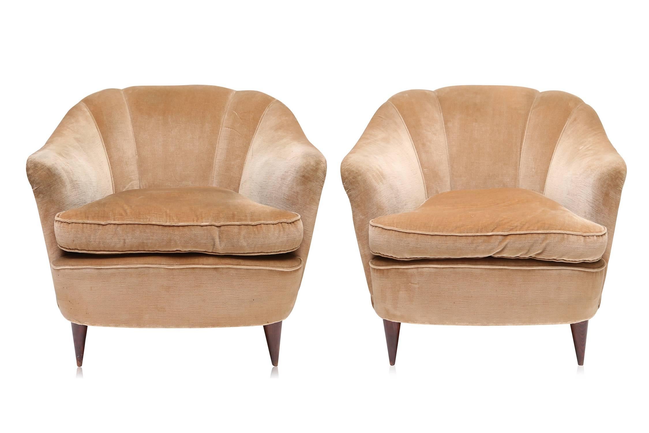 Pair of 1940s Italian club chairs
light golden velvet upholstery
cone shaped feet.
Measures: W 85 H 83 cm D 90 cm.
   