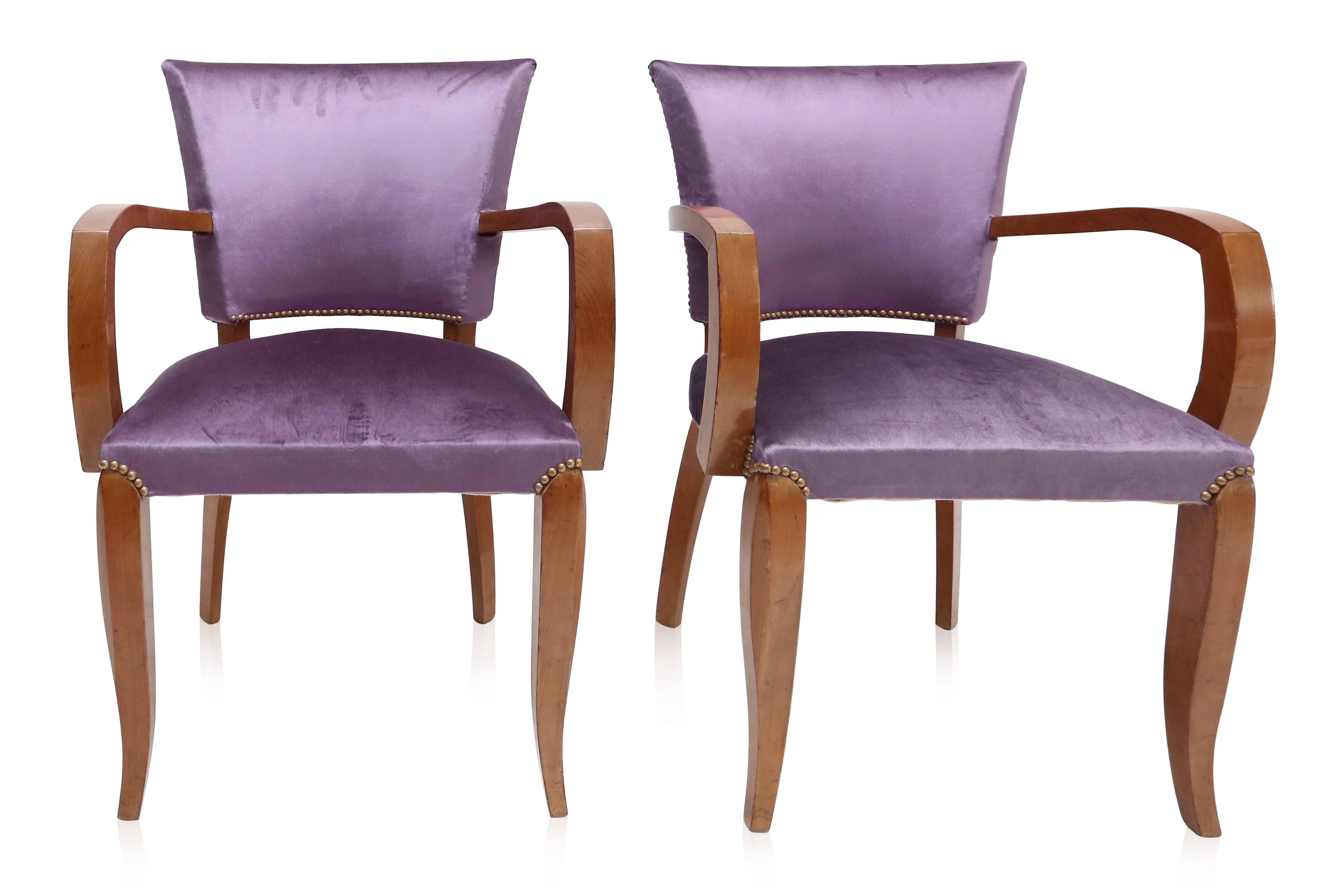 Belgian Mahogany Art Deco armchairs with purple velvet upholstery