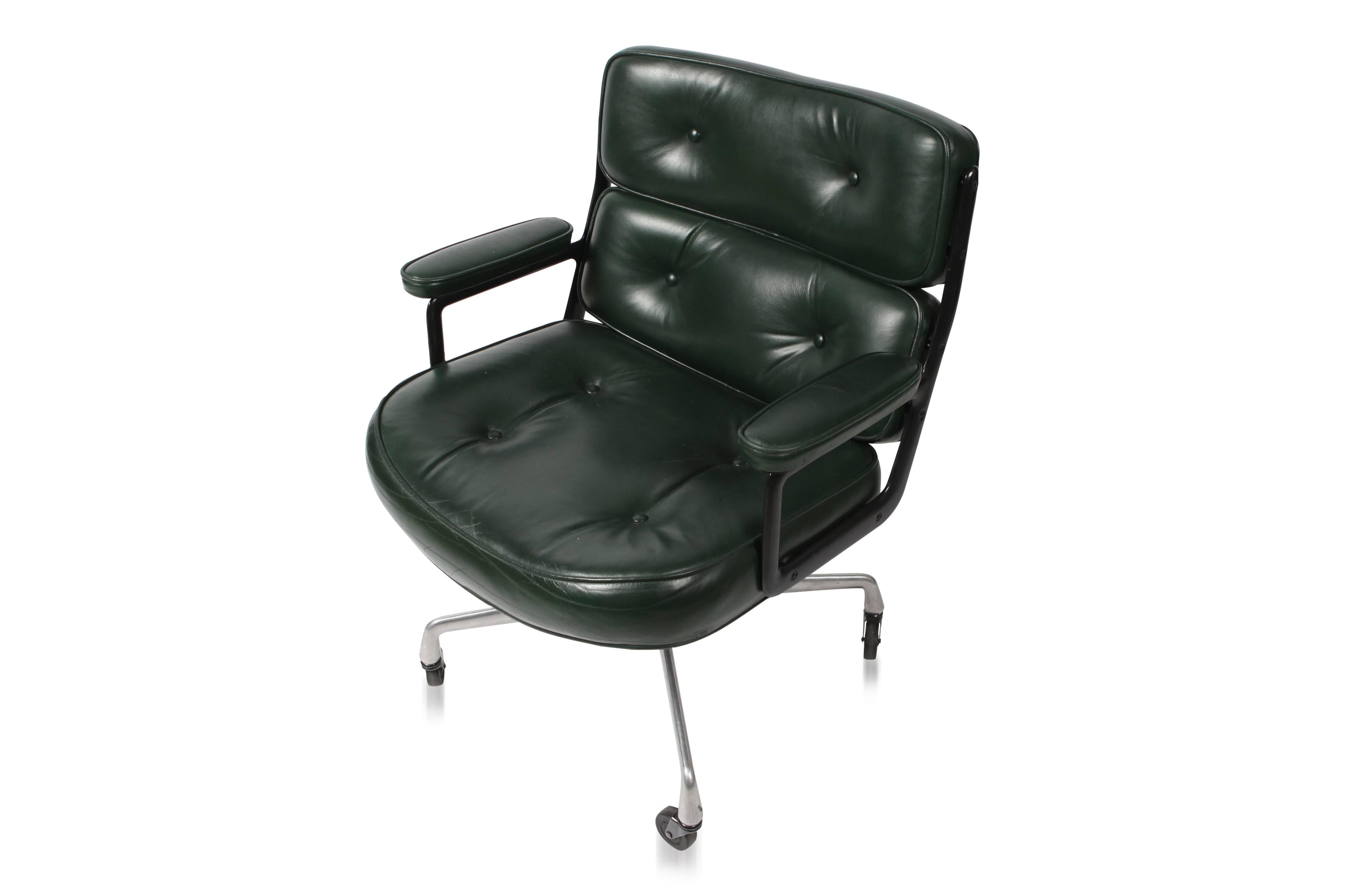 Eames Life Time lobby desk chairs.
Unusual green leather version
Herman Miller edition.

There are two sets of two chairs available.
The listing is about one set of two chairs.