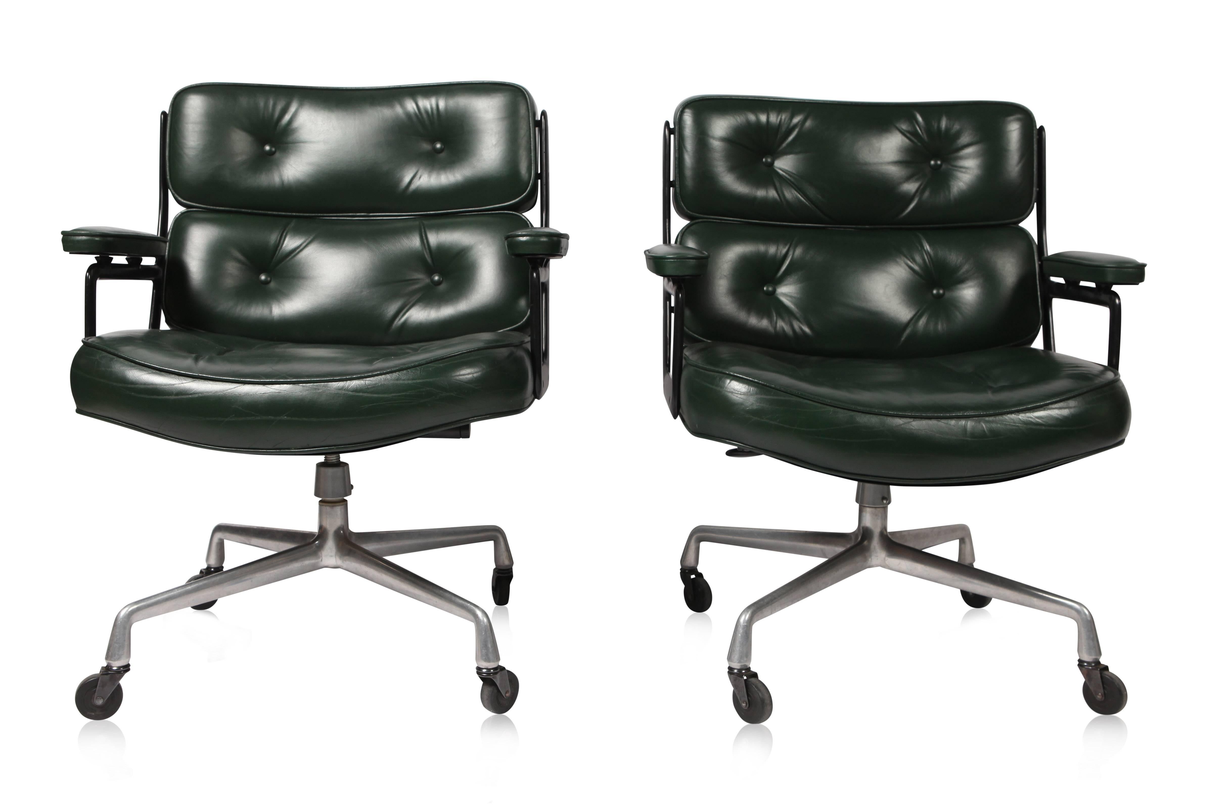 Mid-Century Modern Pair of Eames ES 106 Green Leather Desk Chair