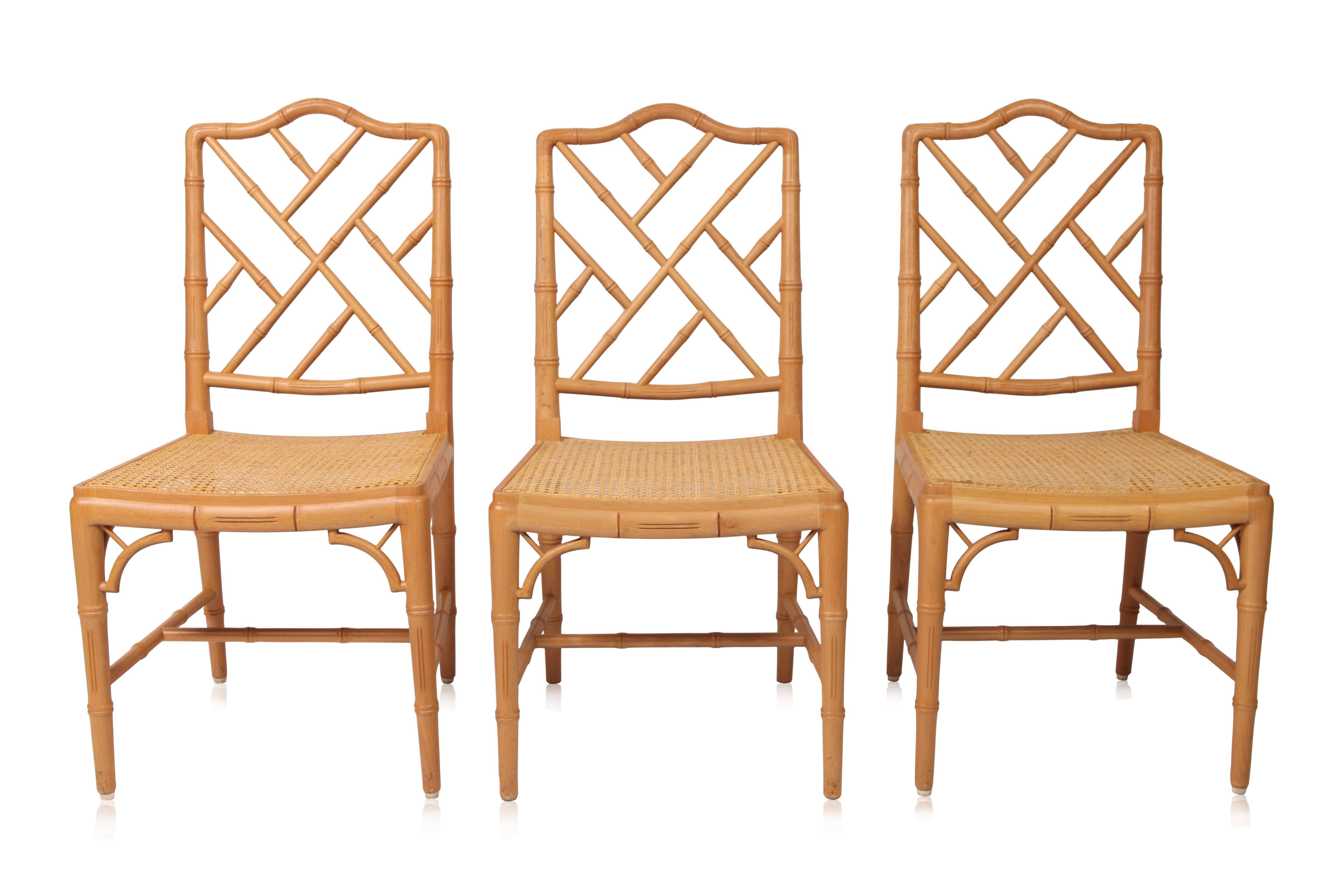 Set of six bamboo dining chairs.
Ideal in a Hollywood Regency interior,
oriental chique,
1980s.