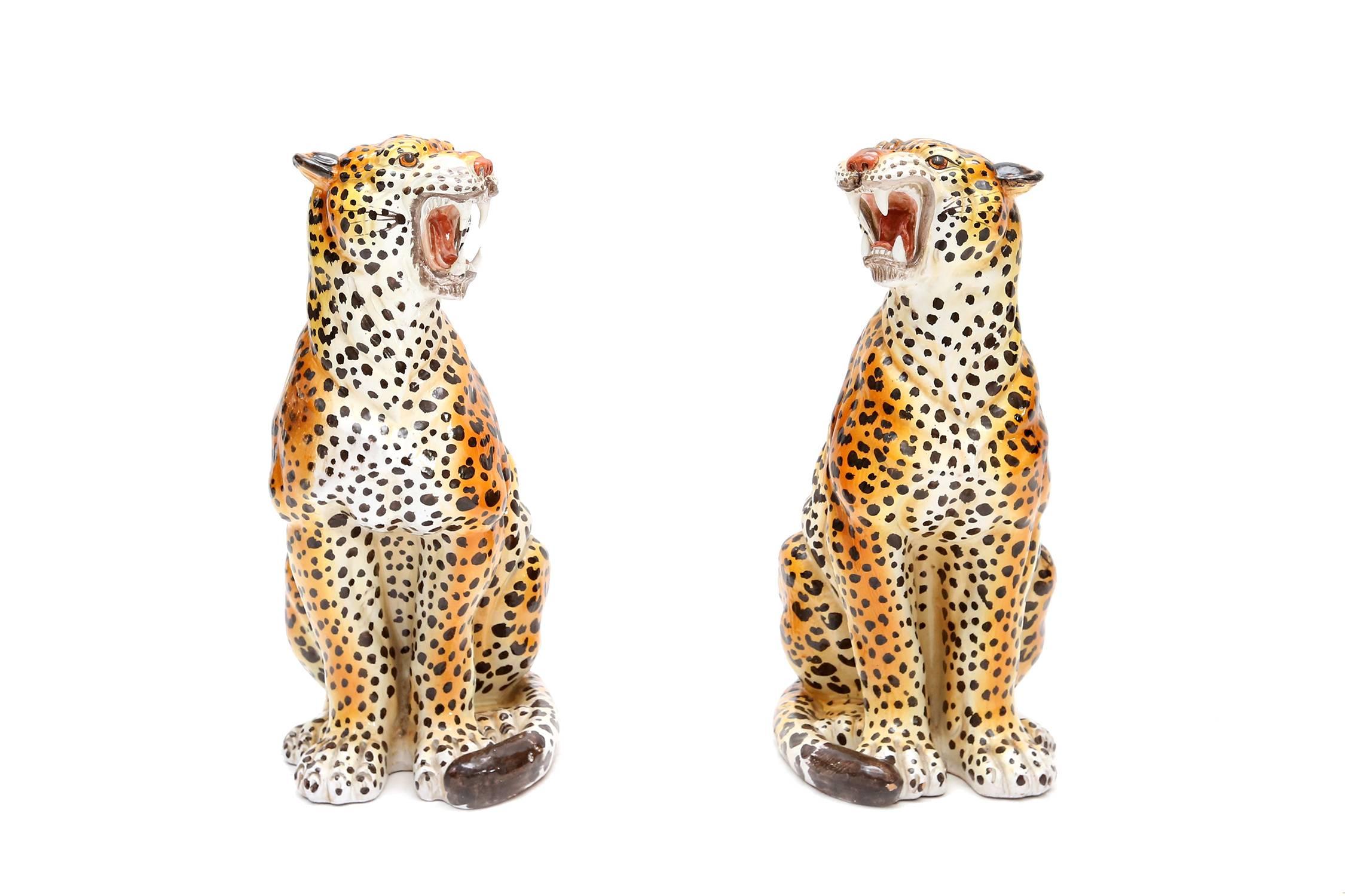 Hollywood Regency Pair of Sitting Leopard Sculptures