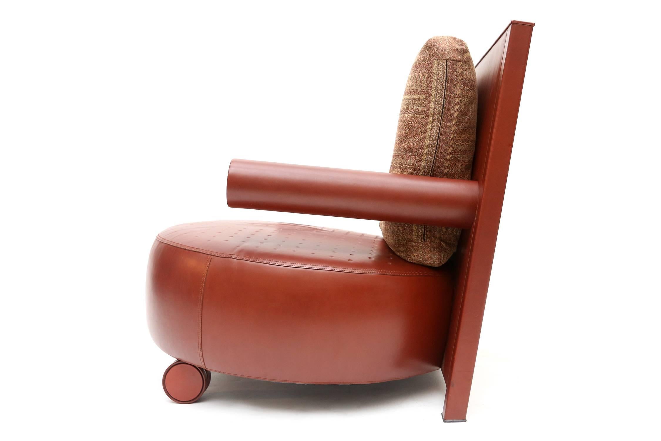 Antonio citterio armchair for B&B Italia red brown leather and silk. Very comfortable back cushion is filled with plumes. This beautiful seat is rarely offered and out of production at B&B Italia. Measures: D 95 cm, H 81cm, W 84 cm.